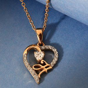 faux Diamond H Heart Pendant Necklace 20 Inches in 18K YG Plat stain. steel